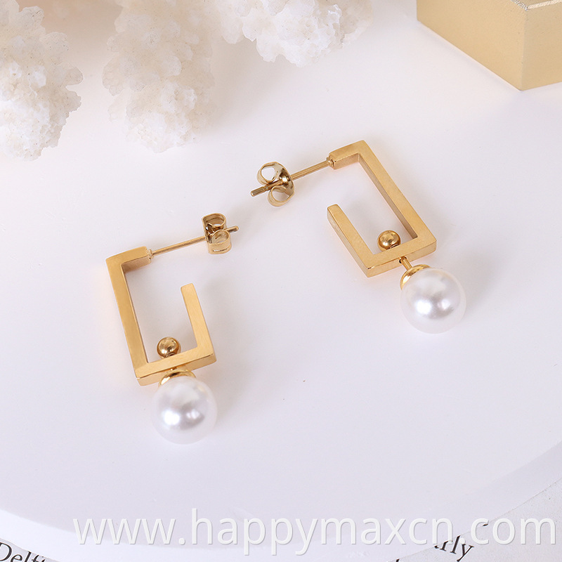 Trendy Stainless Steel 18k Gold Plated Earrings Rectangle Shape Jewelry Hoop Earrings With Pearl